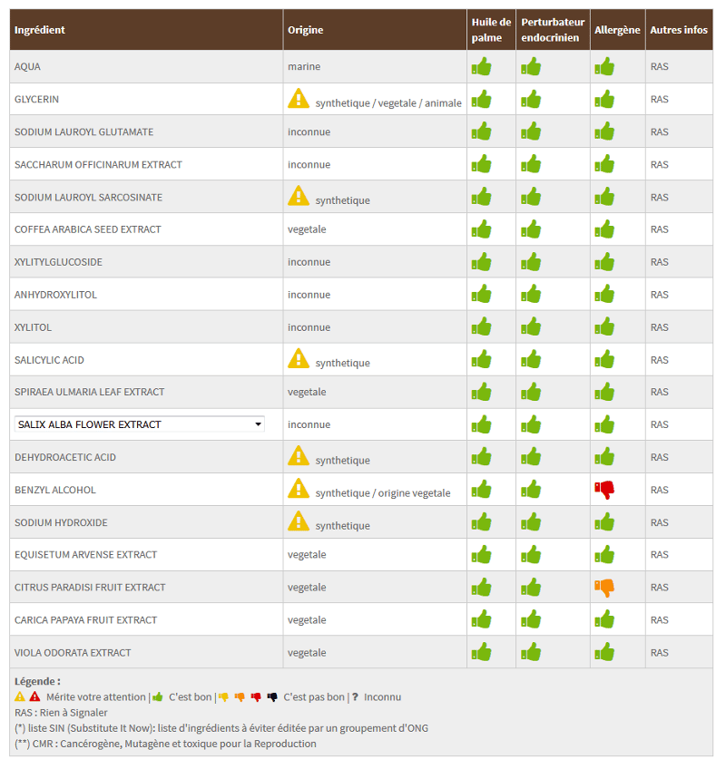 résultats analyse des ingrédients de la mousse pureté sur Zenziscope