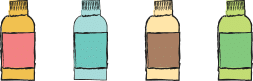 dessin de 4 bouteilles colorées de cosmétiques