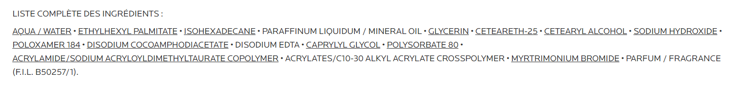 Deuxième analyse avec un lait démaquillant. Nous pouvons y retrouver de l’alcool, du parfum ou bien encore en 4 ème position de la paraffine un dérivé du pétrole.